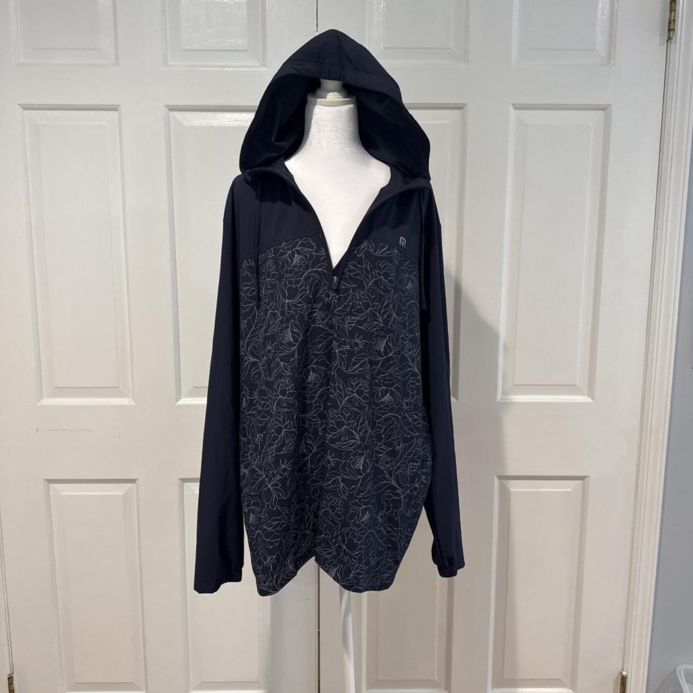 Women’s Black Hooded Quarter-Zip Pullover with Subtle Floral Print